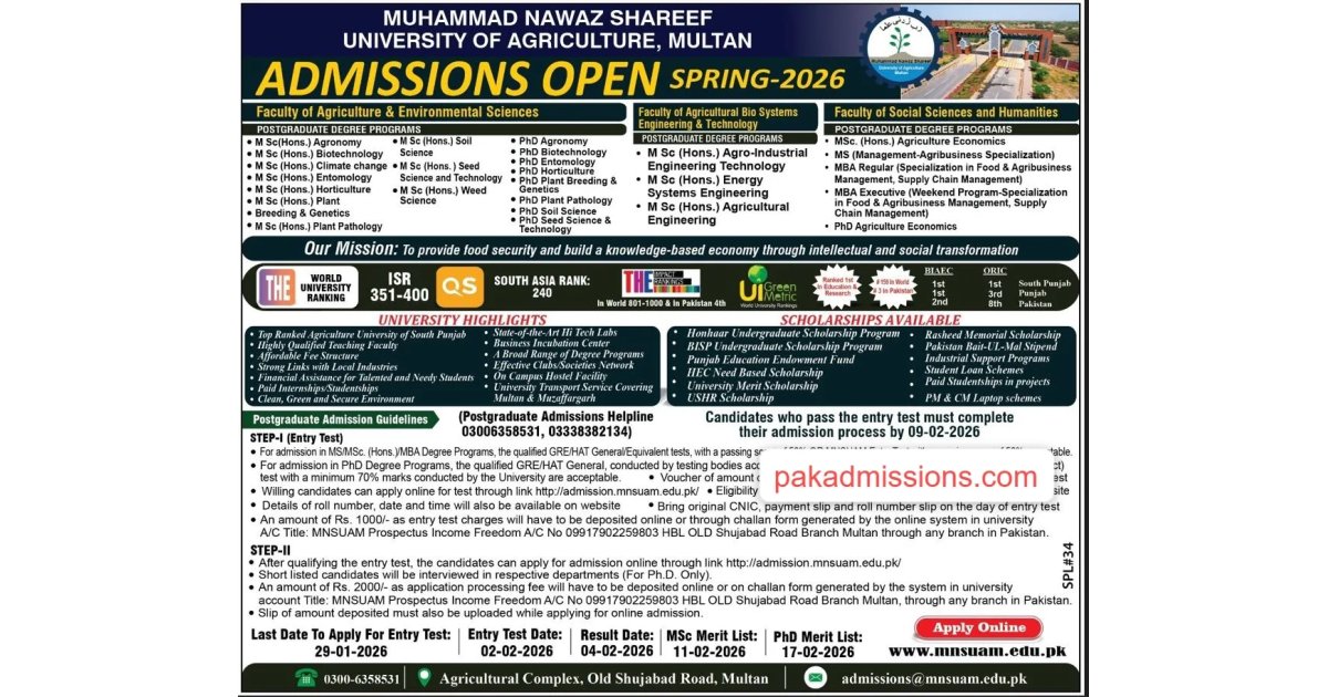 MNS University of Agriculture Multan Admission 2026