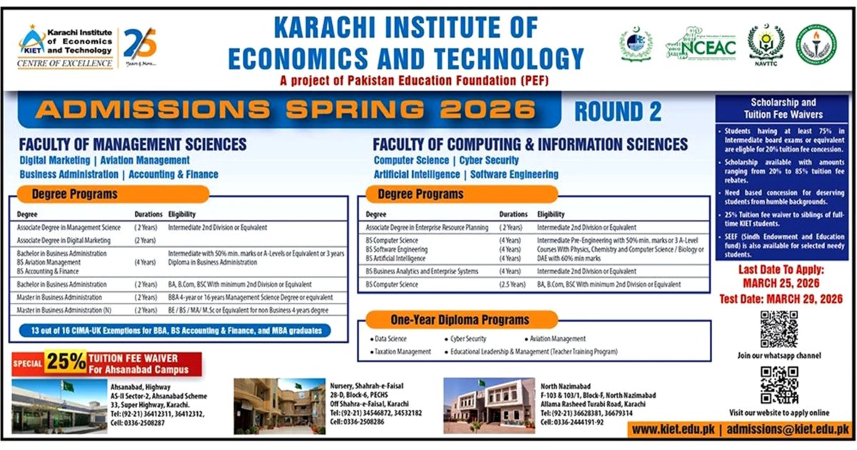 Karachi Institute of Eco and Tech Karachi KIET Admission 2026