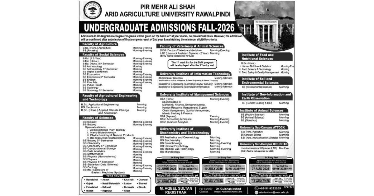 Pir Mehr Ali Shah University Rawalpindi Fall Admission 2026