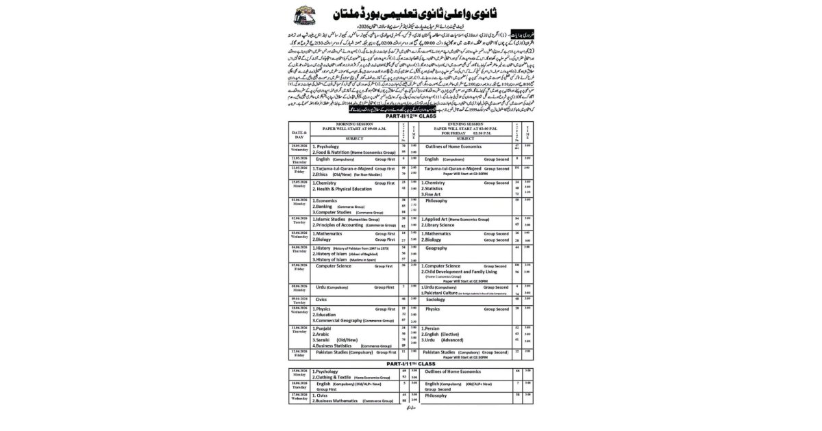 Api Multan 2 Multan Board Intermediate Part I and II Date Sheet | Latest Notification
