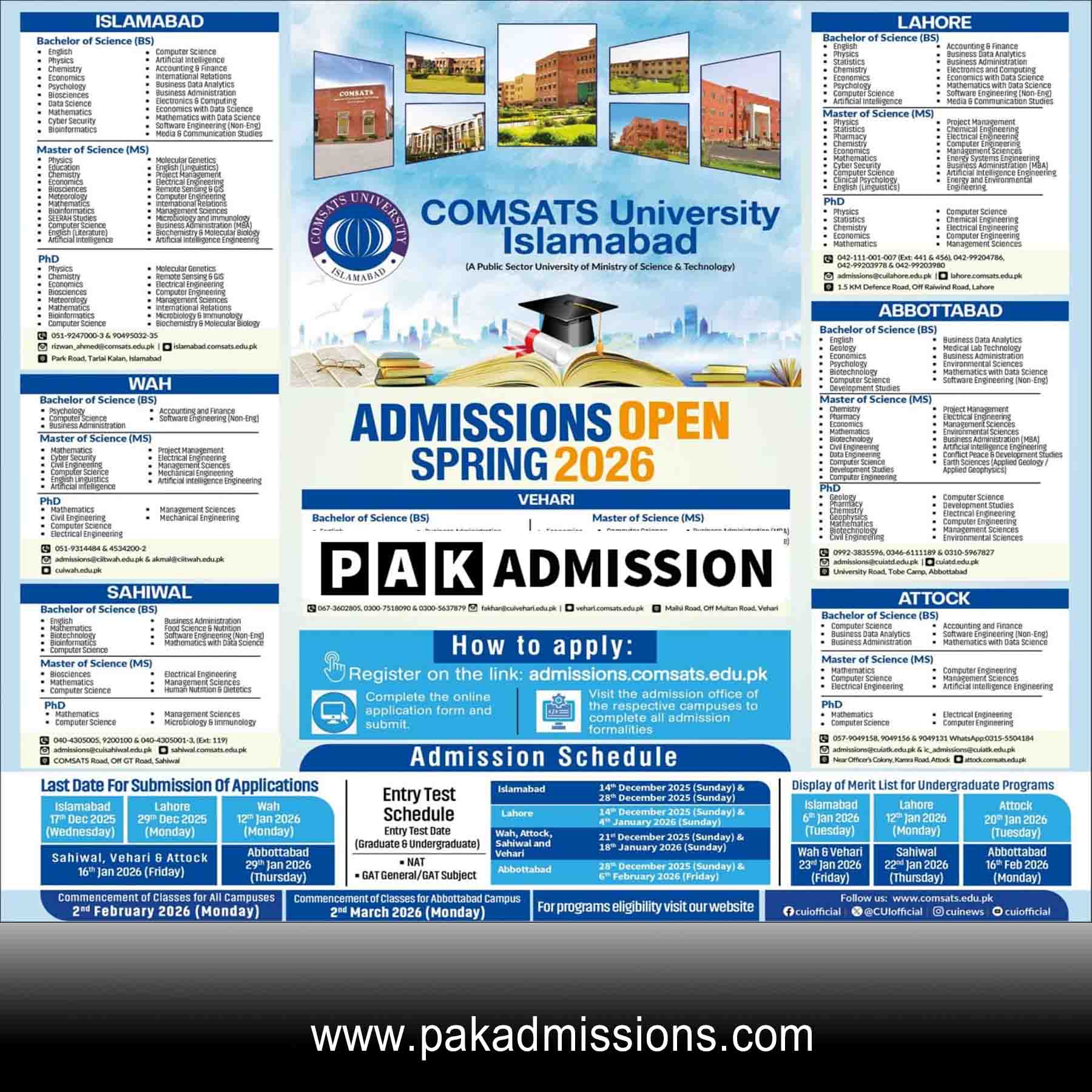 COMSATS University Vehari (COMSATS) Admission 2026 admission advertisement