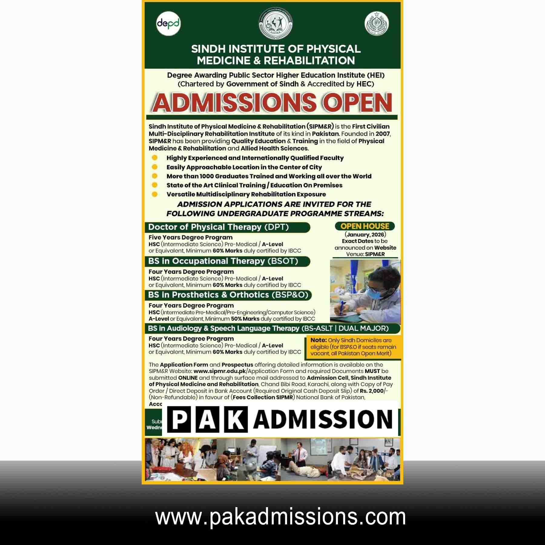 Sindh Institute of Physical Medicine and Rehabilitation Karachi (SIPMR) Admission 2026 admission advertisement Sindh Institute of Physical Medicine and Rehabilitation Karachi (SIPMR) Admission 2026 admission advertisement