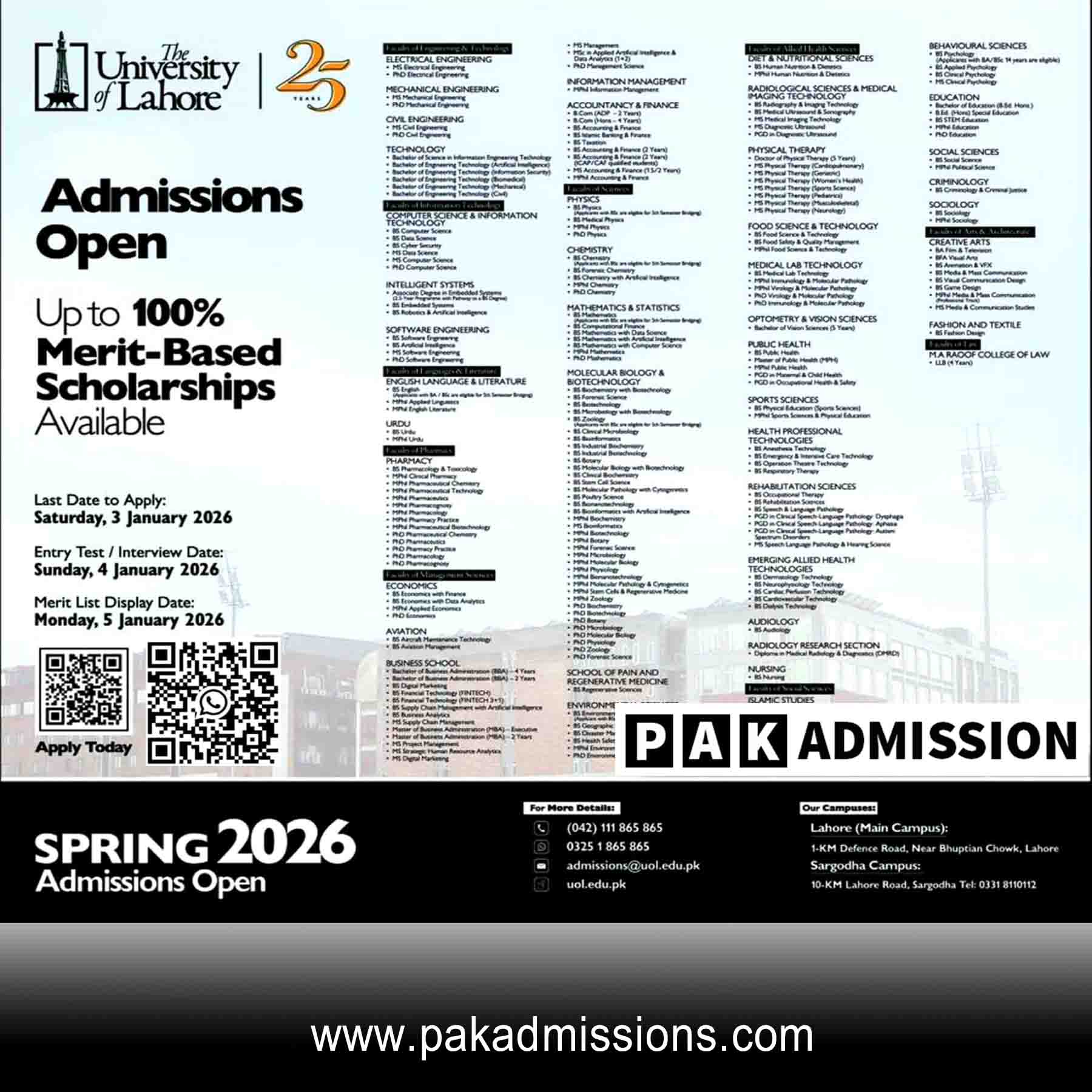 University of Lahore (UOL) Spring Admission admission advertisement