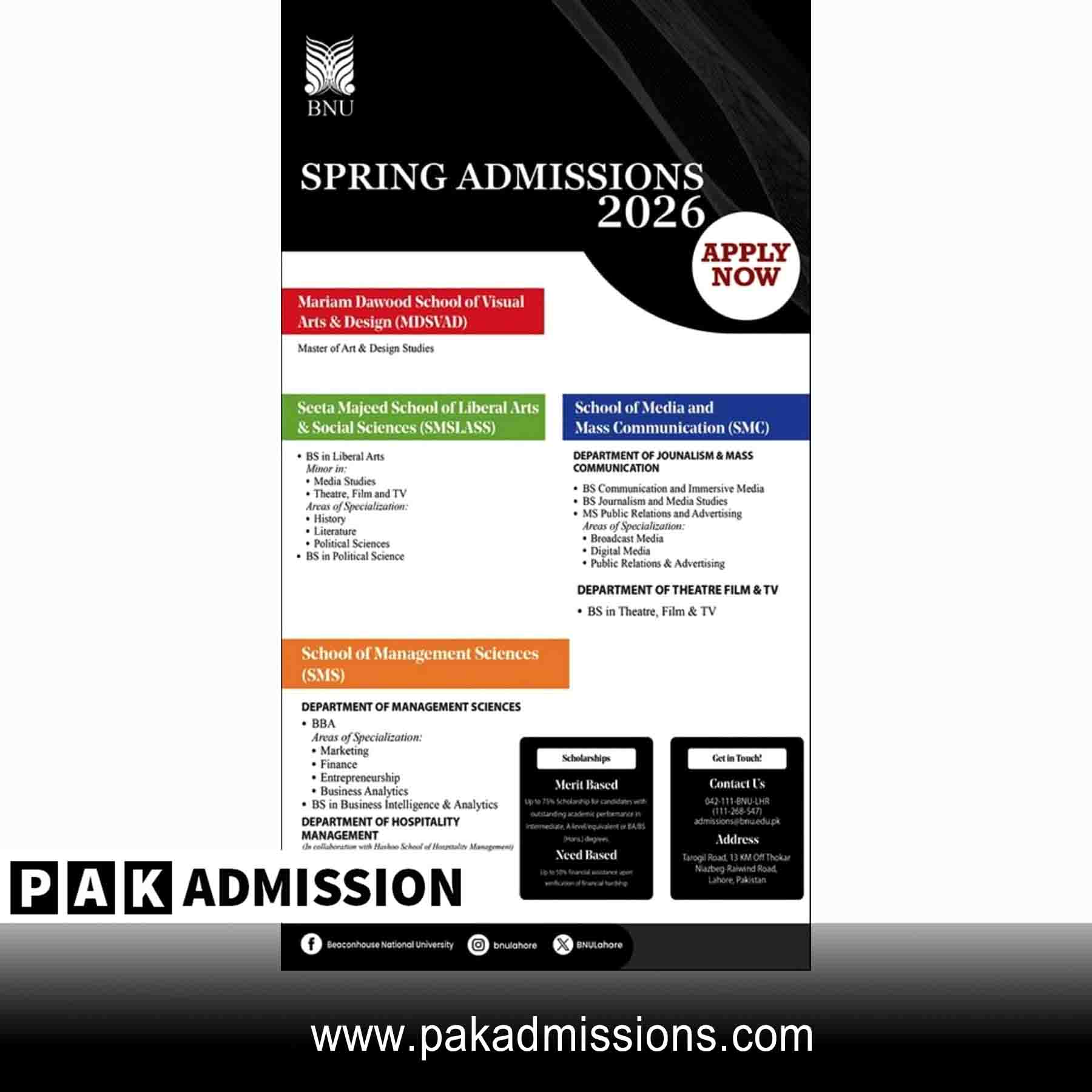 Beaconhouse National University (BNU) Admission 2026 admission advertisement