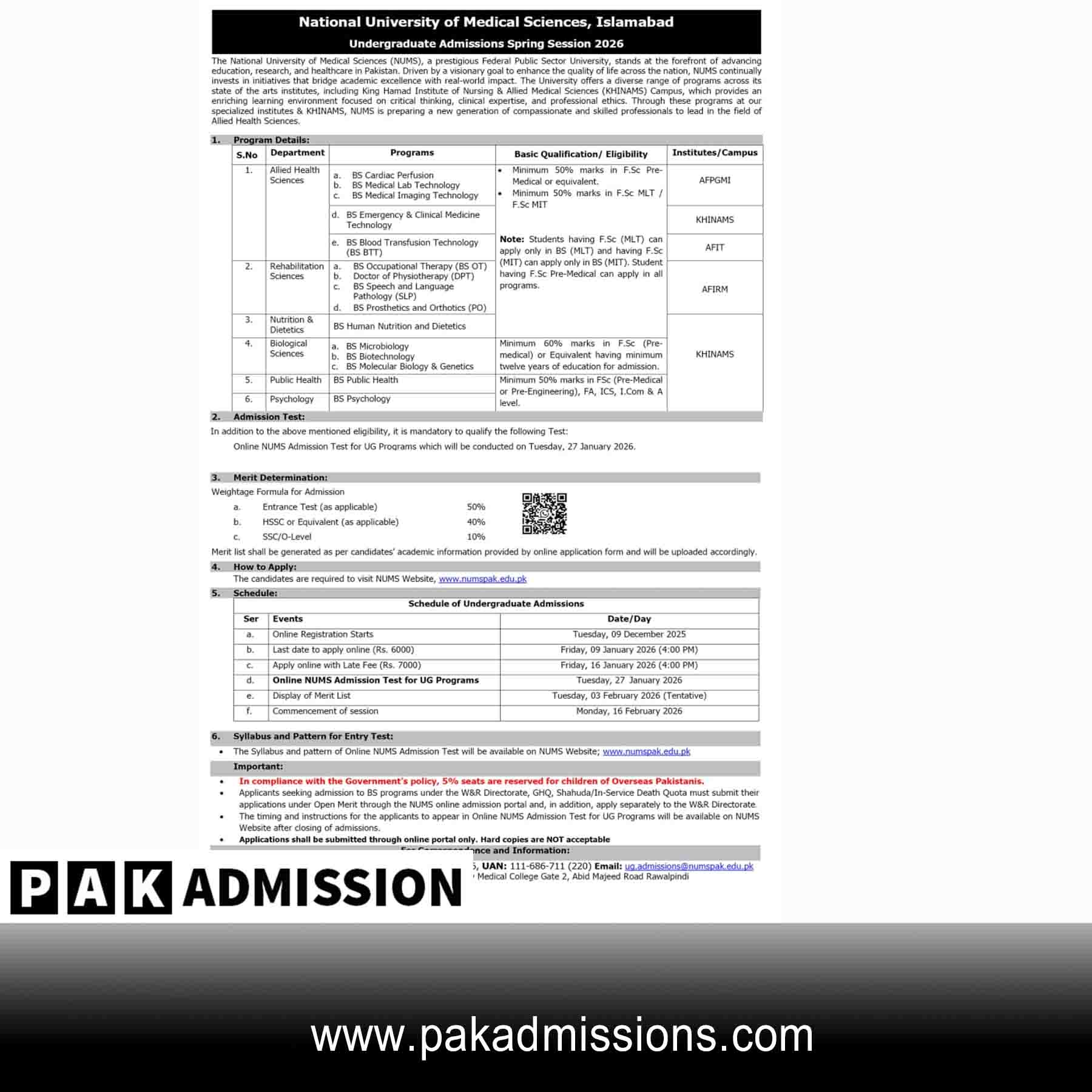National University of Medical Sciences Rawalpindi (NUMS) Spring Admission admission advertisement National University of Medical Sciences Rawalpindi (NUMS) Spring Admission admission advertisement