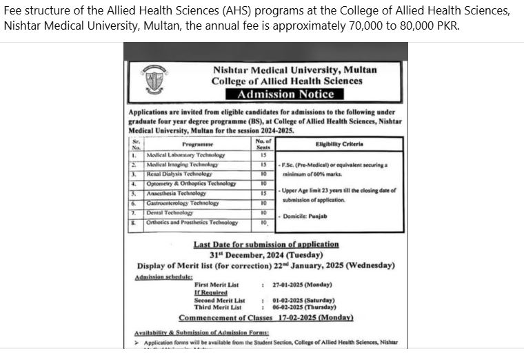 Nishtar Medical University (NMU) Admission 2026 admission advertisement