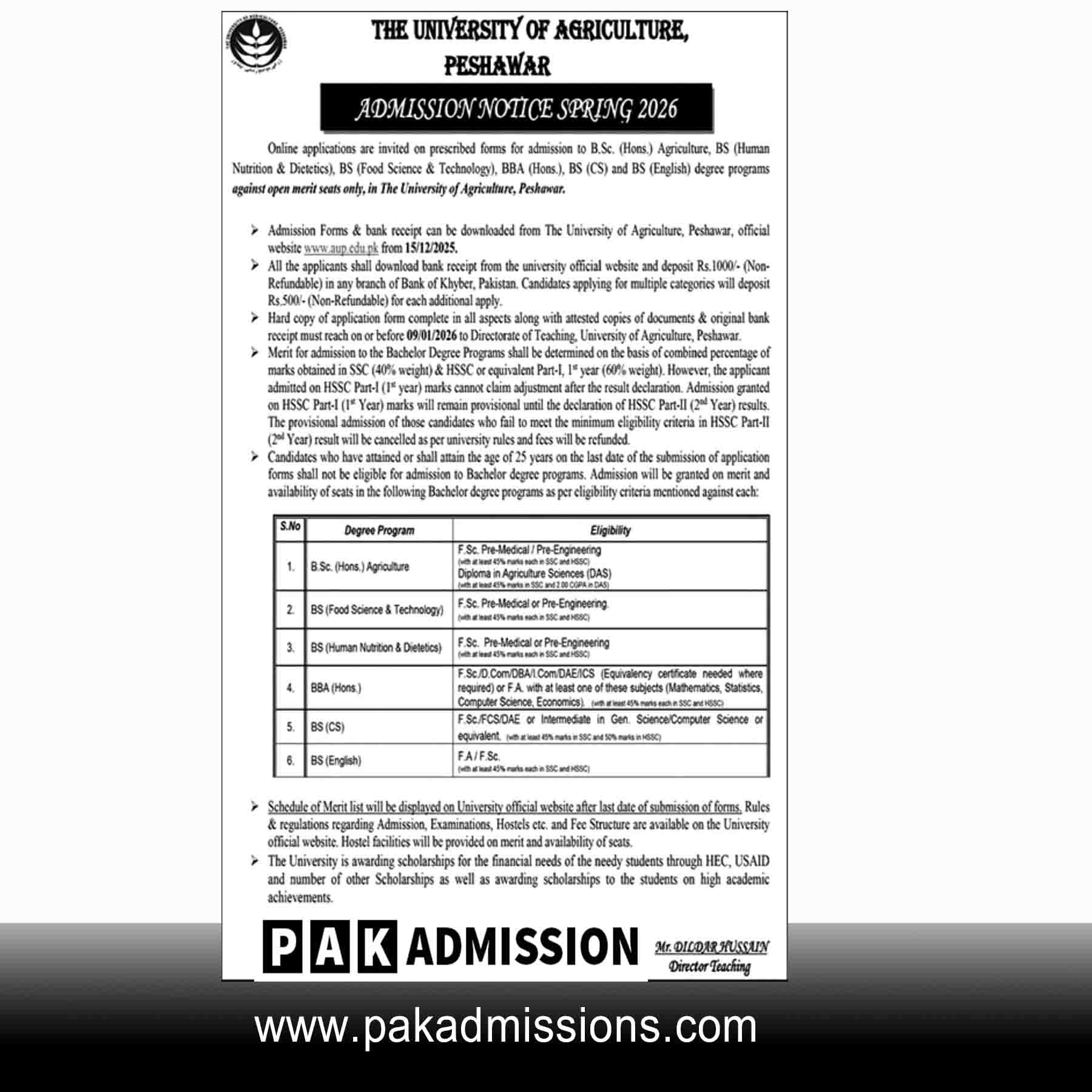 University of Agriculture Peshawar (UAP) Admission 2026 admission advertisement University of Agriculture Peshawar (UAP) Admission 2026 admission advertisement