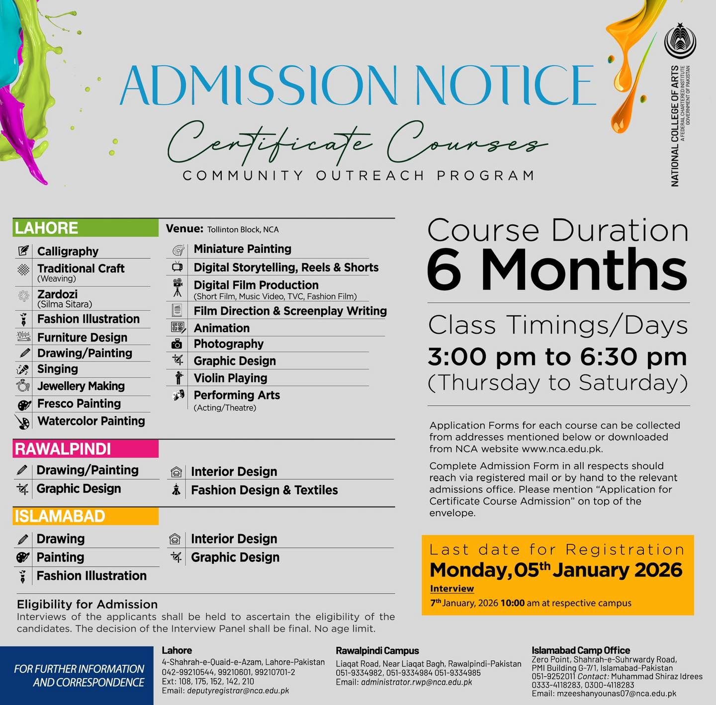National College of Arts Lahore (NCA) Admission 2026 admission advertisement National College of Arts Lahore (NCA) Admission 2026 admission advertisement