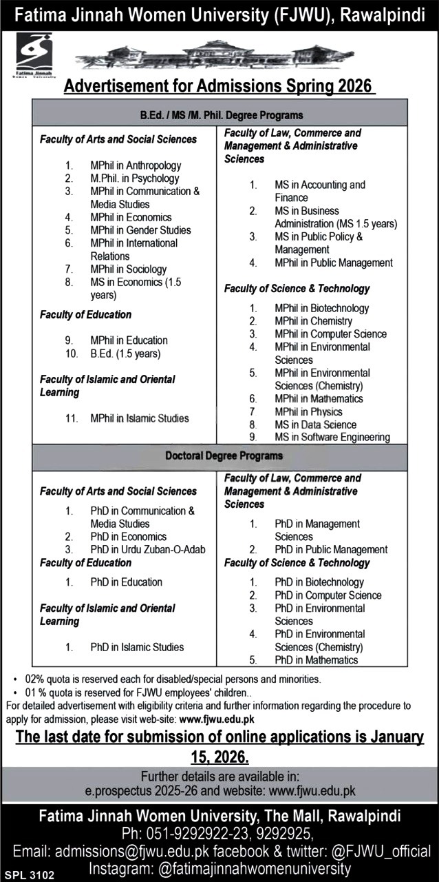 Fatima Jinnah Women University Rawalpindi (FJWU) Admission 2026 admission advertisement Fatima Jinnah Women University Rawalpindi (FJWU) Admission 2026 admission advertisement