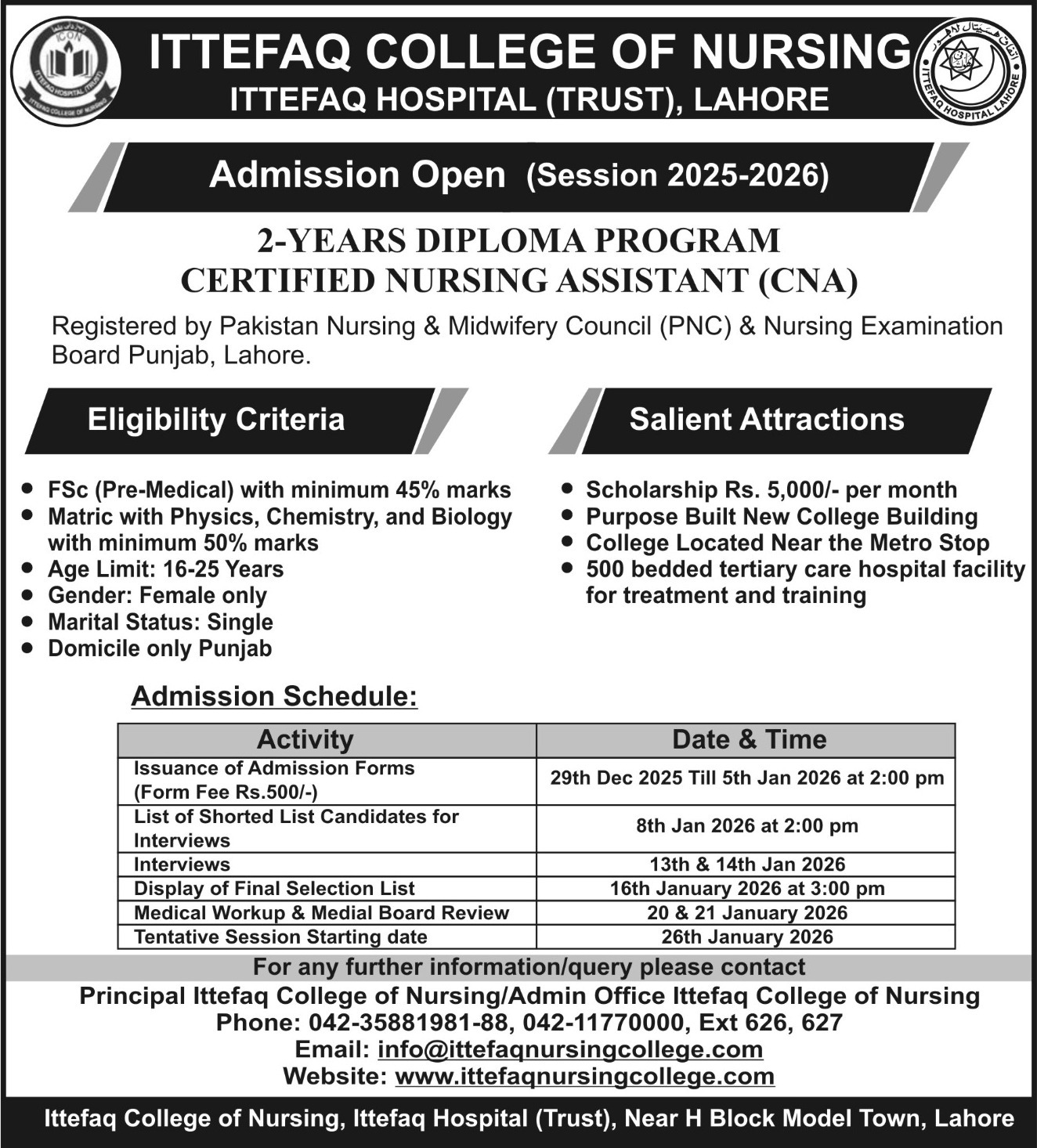 Ittefaq College of Nursing, Lahore Admission 2026 admission advertisement Ittefaq College of Nursing, Lahore Admission 2026 admission advertisement