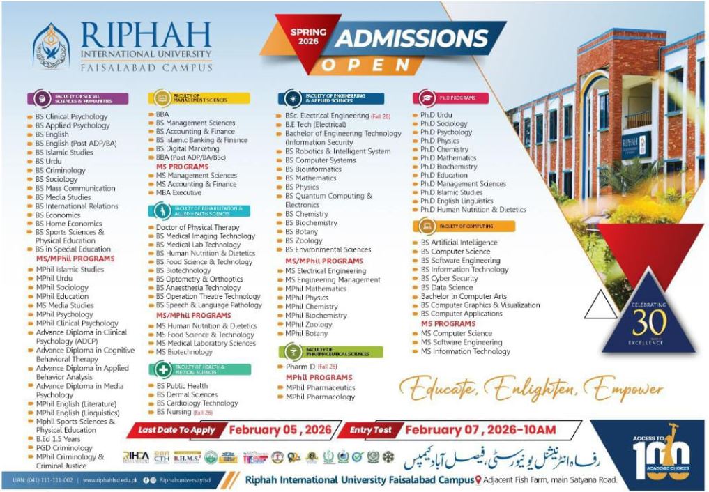 Riphah International University Faisalabad Campus Admission 2026 admission advertisement