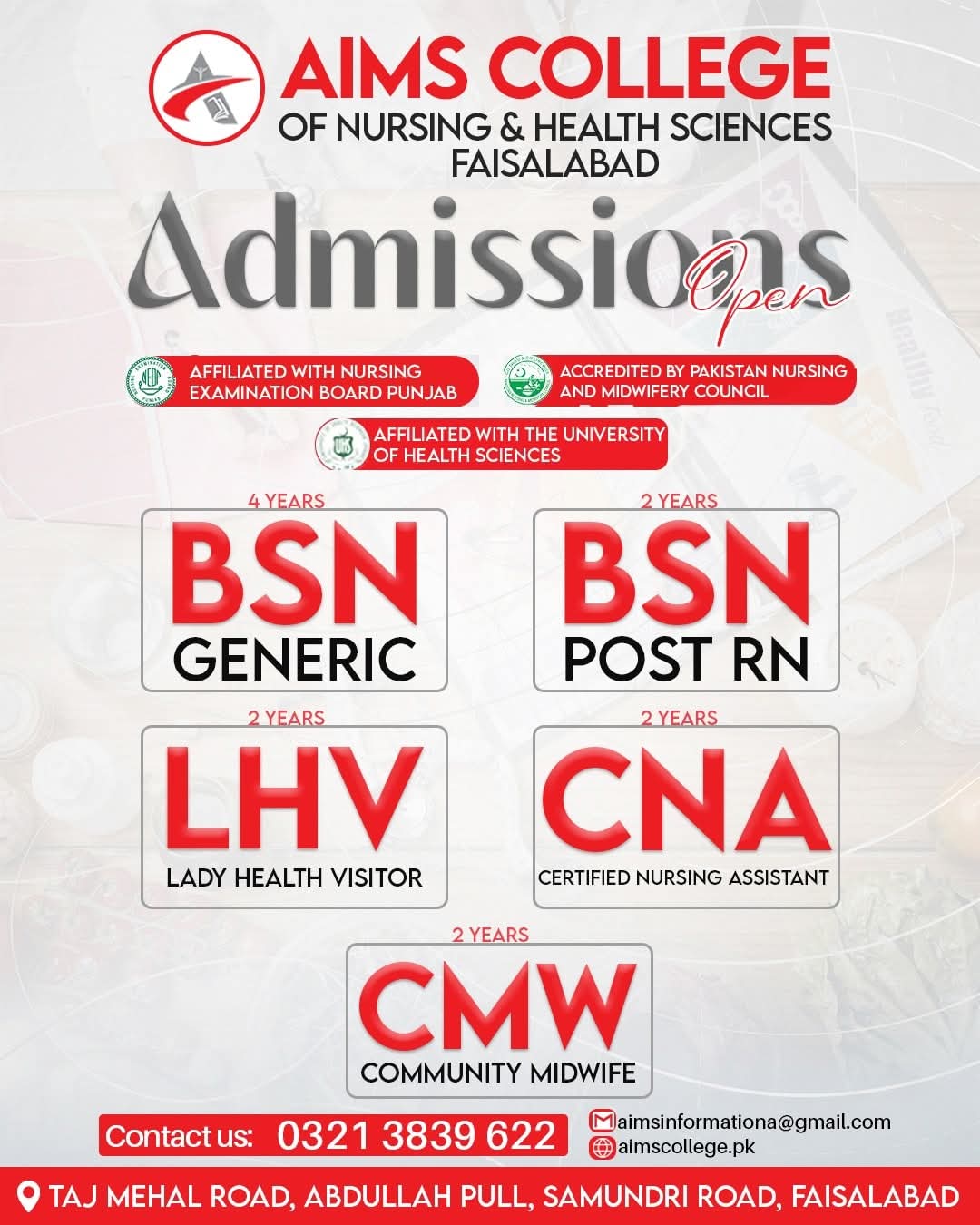 AIMS College of Nursing and Allied Health Sciences Faisalabad Admission 2026 admission advertisement