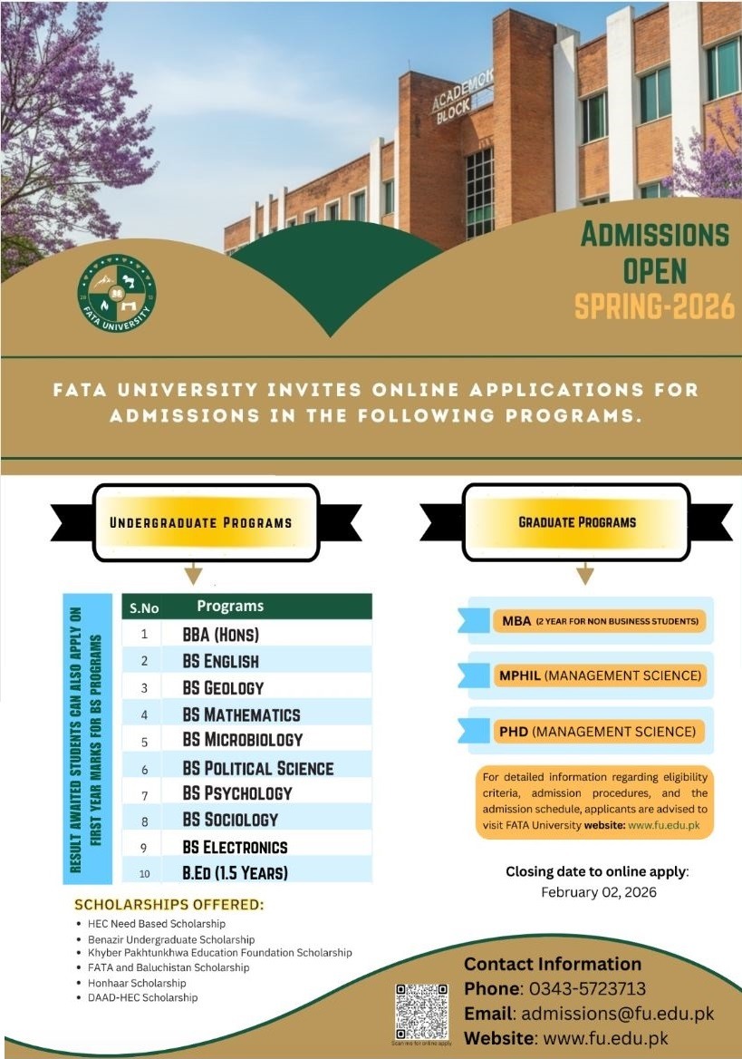 FATA University, FR Kohat - Multiple Programs (Spring Admission 2026)