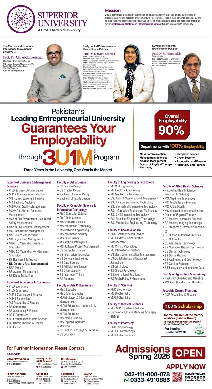 Superior University, Lahore Admission 2026 admission advertisement