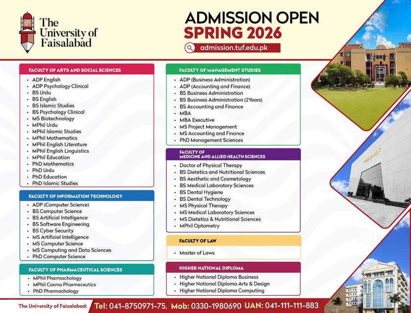 The University of Faisalabad (TUF) Spring Admission admission advertisement The University of Faisalabad (TUF) Spring Admission admission advertisement