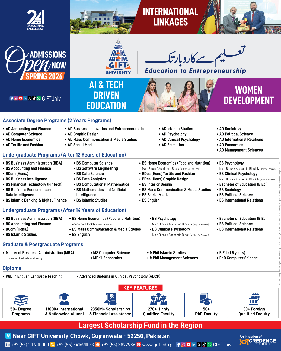 GIFT University (GIFT) - Multiple Programs (Spring Admission 2026)