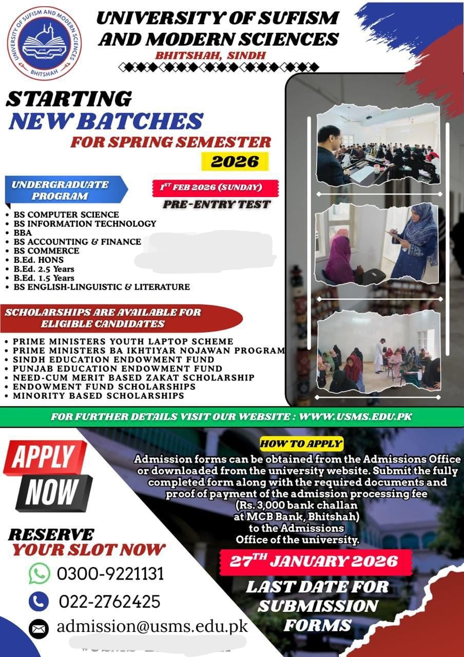University of Sufism and Modern Sciences, Bhitshah Sindh Matiari (USMS) Spring Admissions 2026 admission advertisement