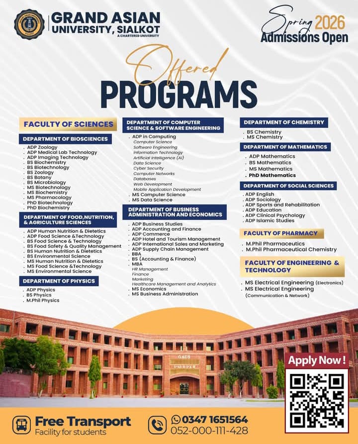Grand Asian university Sialkot - Multiple Programs (Spring Admission 2026)