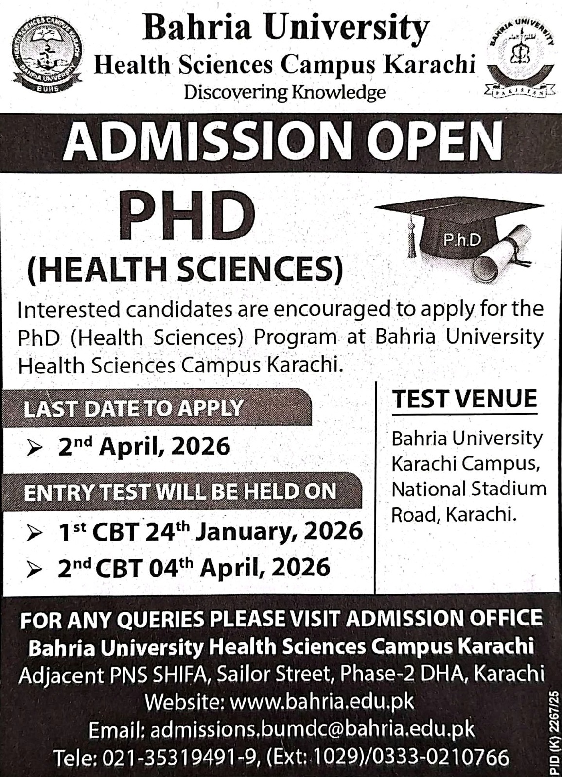 Bahria University Karachi Campus (BU) Admission 2026 admission advertisement Bahria University Karachi Campus (BU) Admission 2026 admission advertisement