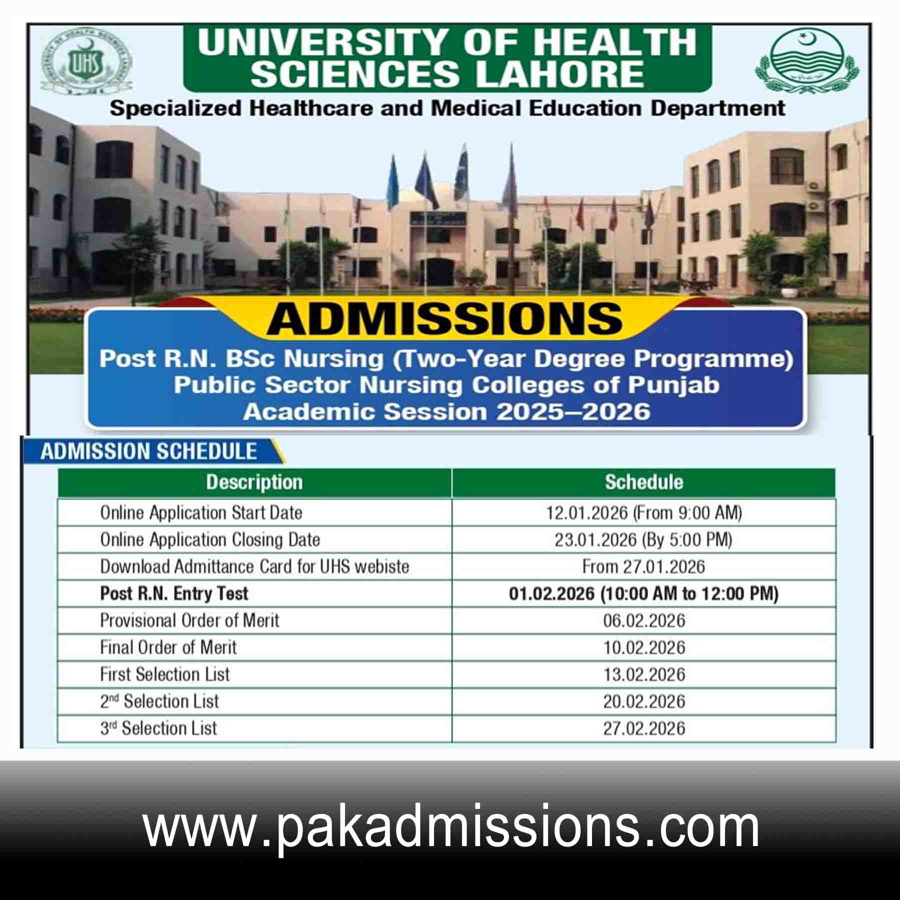 Postgraduate College of Nursing Punjab, Lahore (PG-CON) Spring Admission admission advertisement