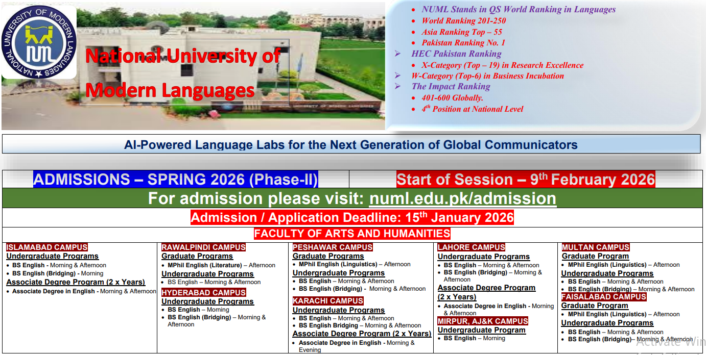 National University of Modern languages Rawalpindi Campus (NUML-RWP) Admission 2026 admission advertisement