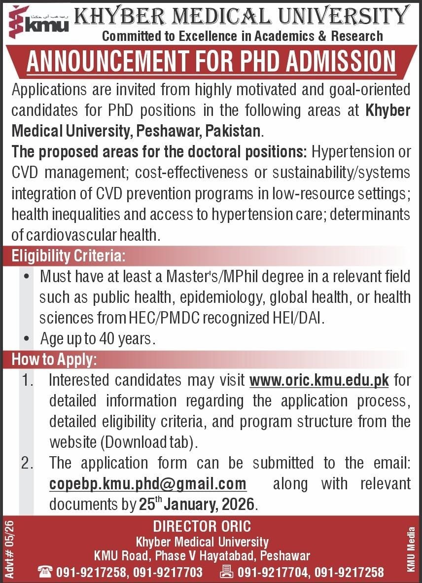 Khyber Medical University Peshawar (KMU) PhD Spring admissions 2026 admission advertisement