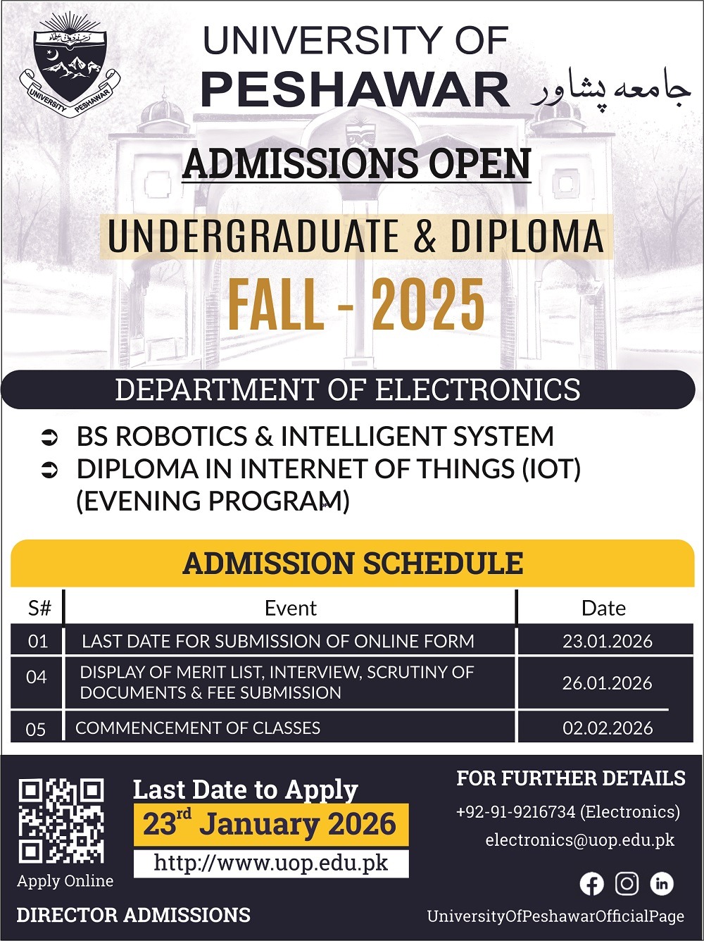 University of Peshawar (UoP) Diploma and BS Spring Admission 2026   admission advertisement