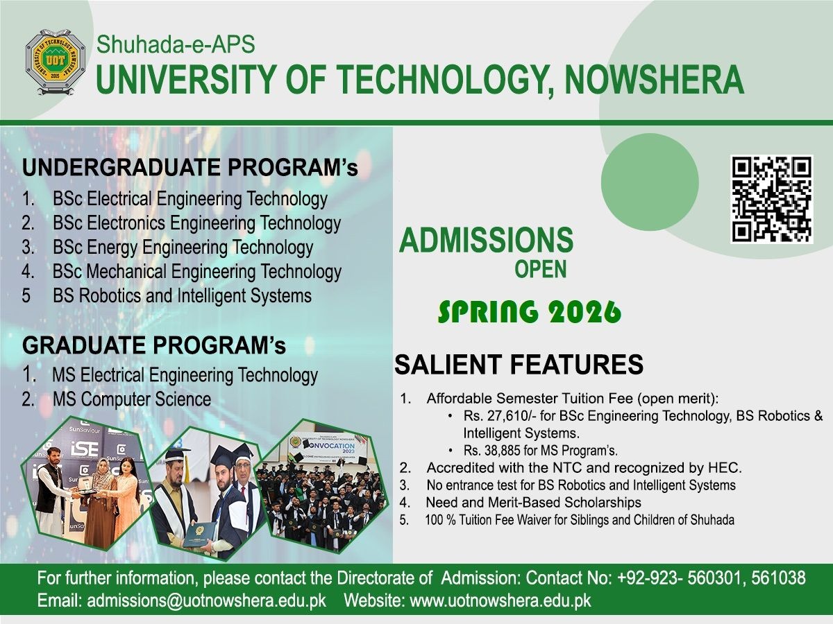 Shuhada-e-Army Public School University of Technology Nowshera (SAPST) BS / MS Admission admission advertisement