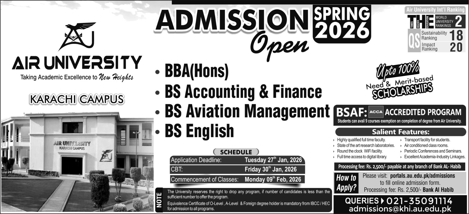 Air University Karachi Campus Au Admission Spring Admission 2026
