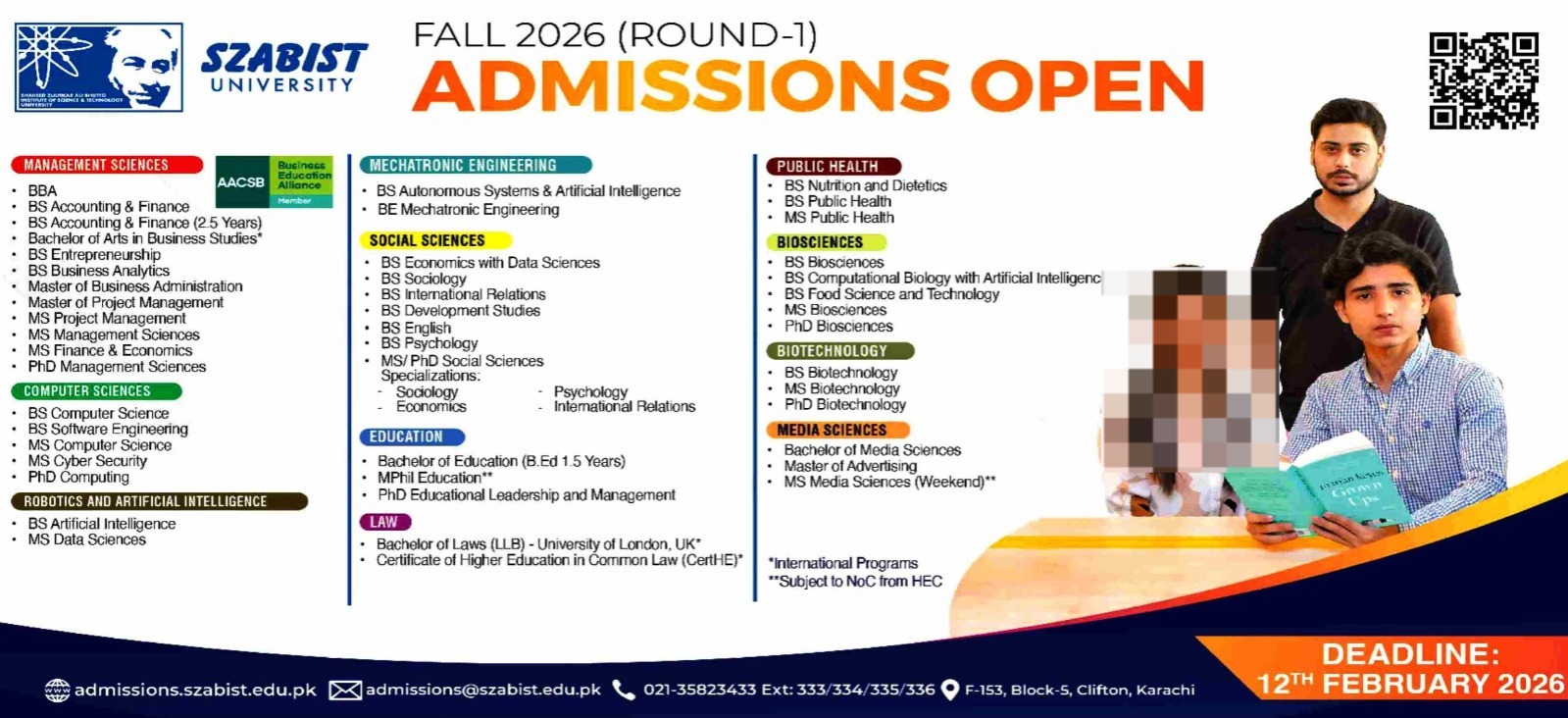 Shaheed Zulfikar Ali Bhutto Institute of Science & Technology Karachi (SZABIST) Fall Admissions admission advertisement