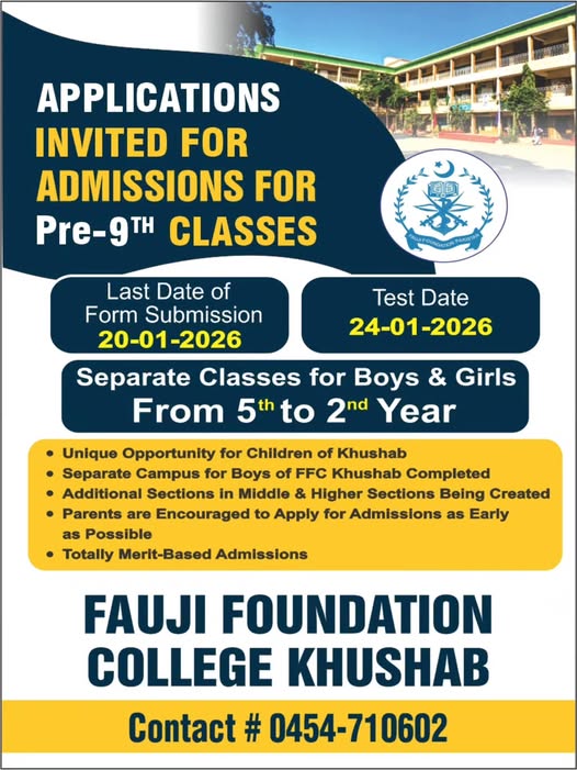 Fauji Foundation College Khushab Spring admissions 2026 admission advertisement