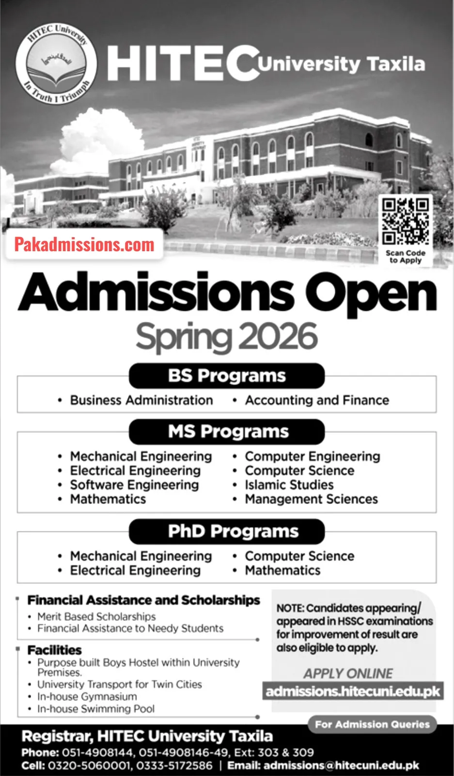 HITEC University (HITEC) Taxila Admission 2026 admission advertisement