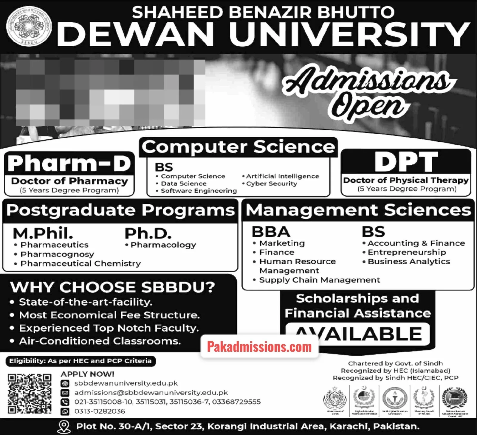 Shaheed Benazir Bhutto Dewan University Karachi (SBB Dewan U) Admission 2026 admission advertisement