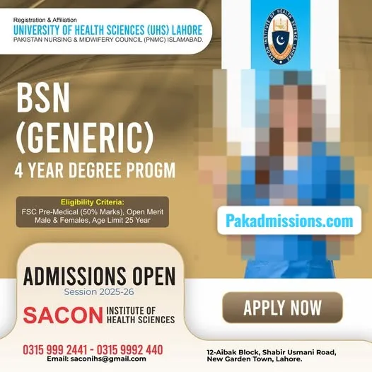 SACON Institute of Health Sciences, Lahore Admission 2026 admission advertisement