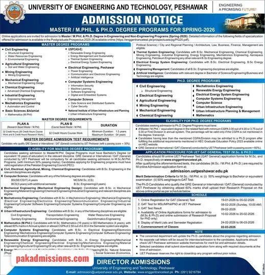 University of Engineering & Technology, Peshawar (UET Peshawar) Admission 2026 admission advertisement University of Engineering & Technology, Peshawar (UET Peshawar) Admission 2026 admission advertisement
