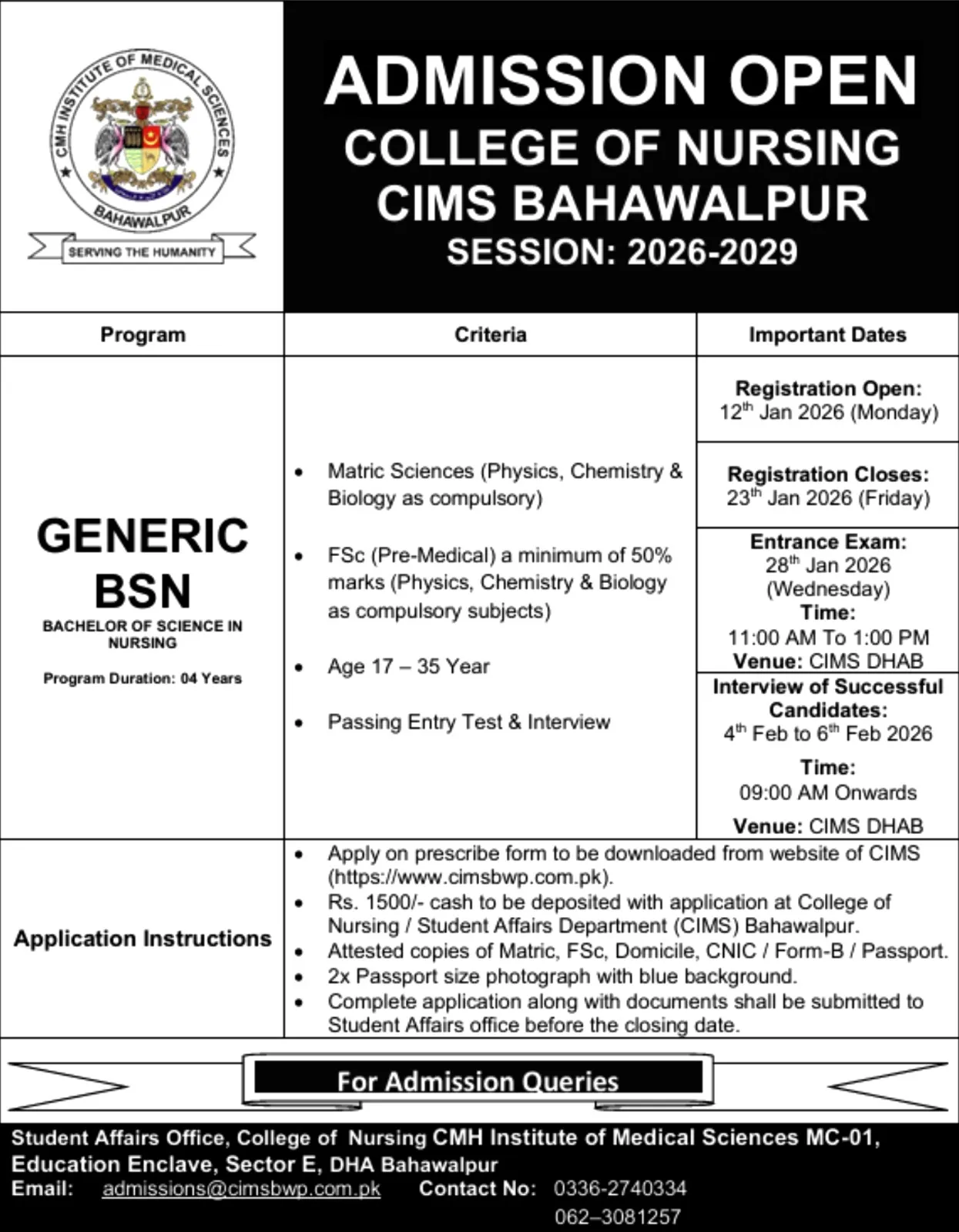 College of Nursing CMH Bahawalpur Institute of Medical Sciences (CIMS) Admission 2026 admission advertisement