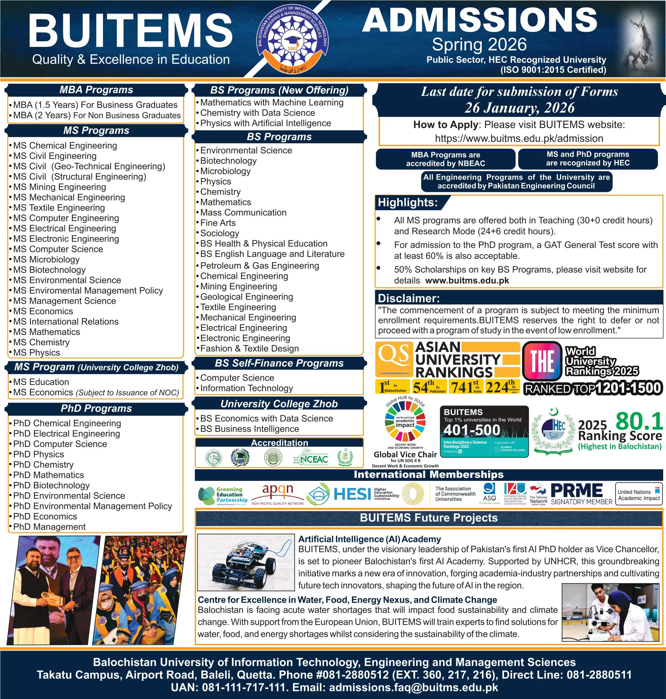 Balochistan University of Information Technology, Engineering & Management Sciences Quetta (BUITEMS) Admission 2026 admission advertisement