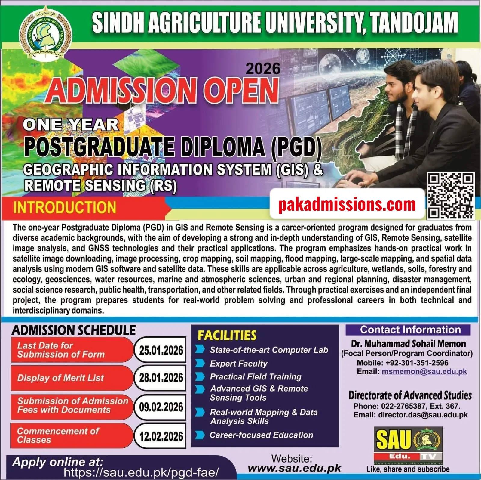 Sindh Agriculture University, Tandojam Admission 2026 admission advertisement