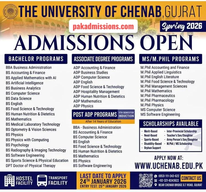 University of Chenab (UC) Admissions admission advertisement University of Chenab (UC) Admissions admission advertisement
