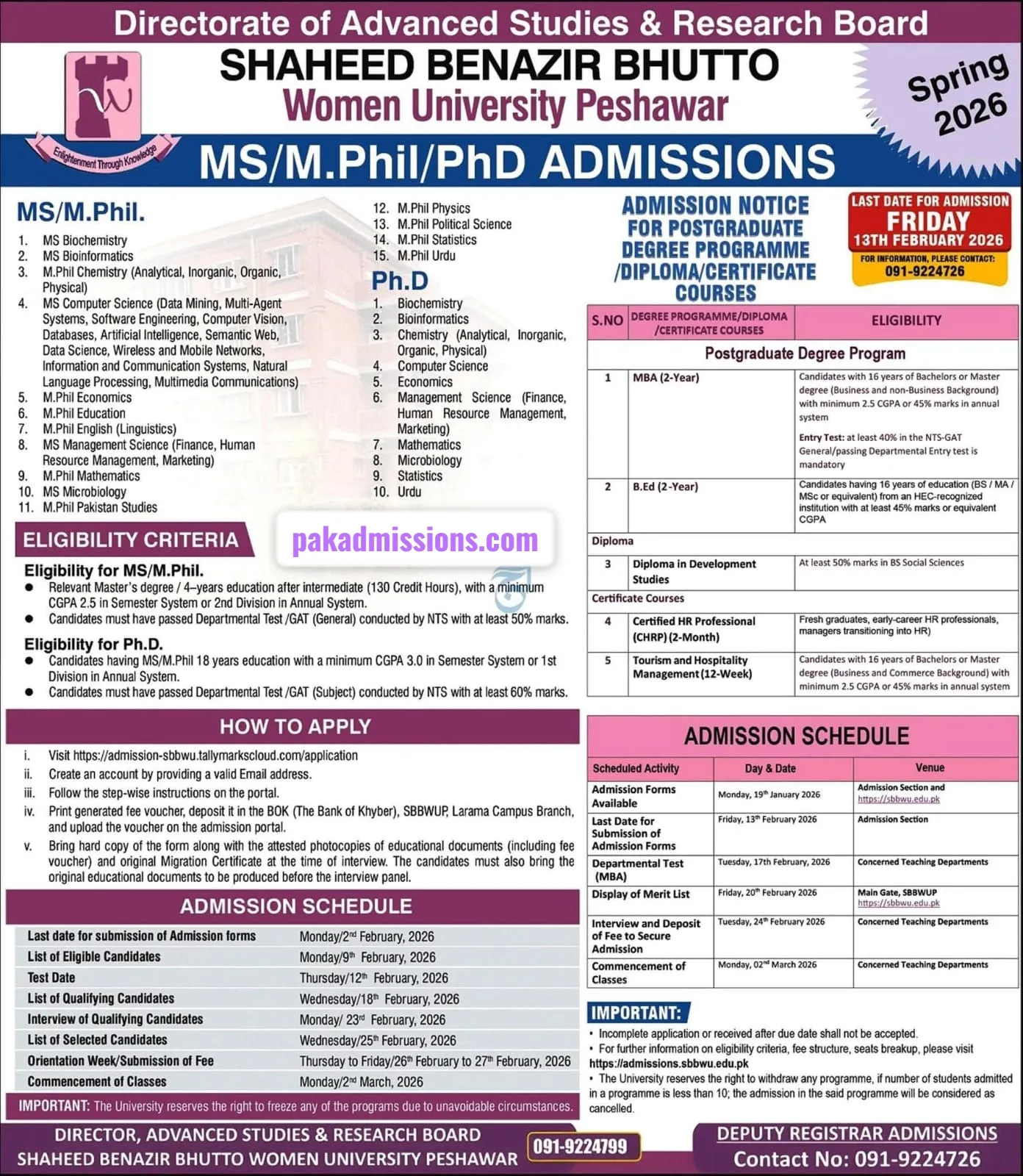 Shaheed Benazir Bhutto Women University Peshawar (SBBWU) Admission admission advertisement