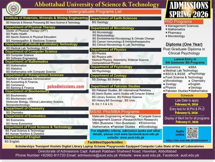 Abbottabad University of Science and Technology (AUST) Abbottabad (AUST) - Multiple Programs ( Spring Admission 2026 )