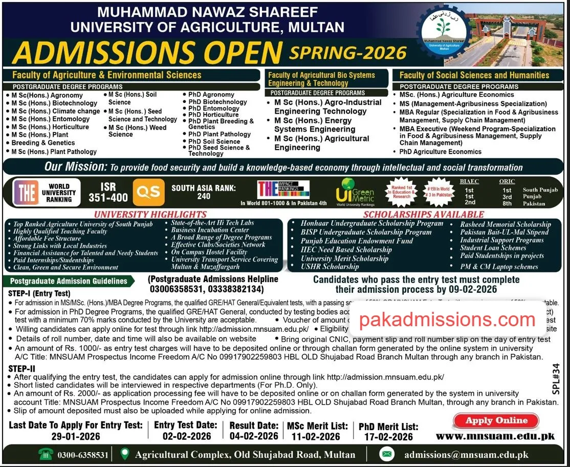 Muhammad Nawaz Sharif University of Agriculture Multan (MNSU) Admission 2026 admission advertisement