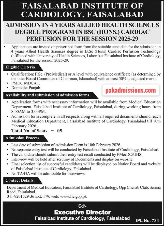 Faisalabad Institute of Cardiology, Faisalabad Admission 2026 admission advertisement