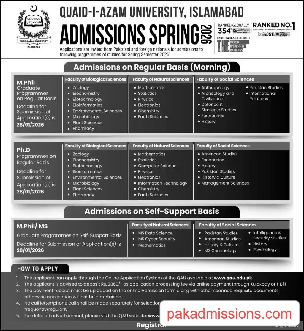 Quaid-i-Azam University Islamabad (QAU) Admission 2026 admission advertisement
