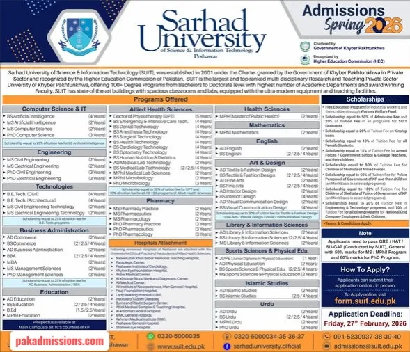 Sarhad University of Science & Information Technology Peshawar (SUST) New Admission admission advertisement