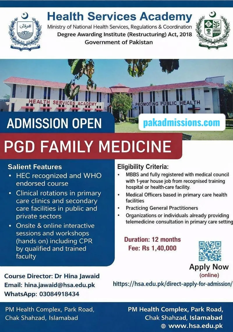 Health Services Academy, Islamabad (HSA) PG Dip Admission admission advertisement