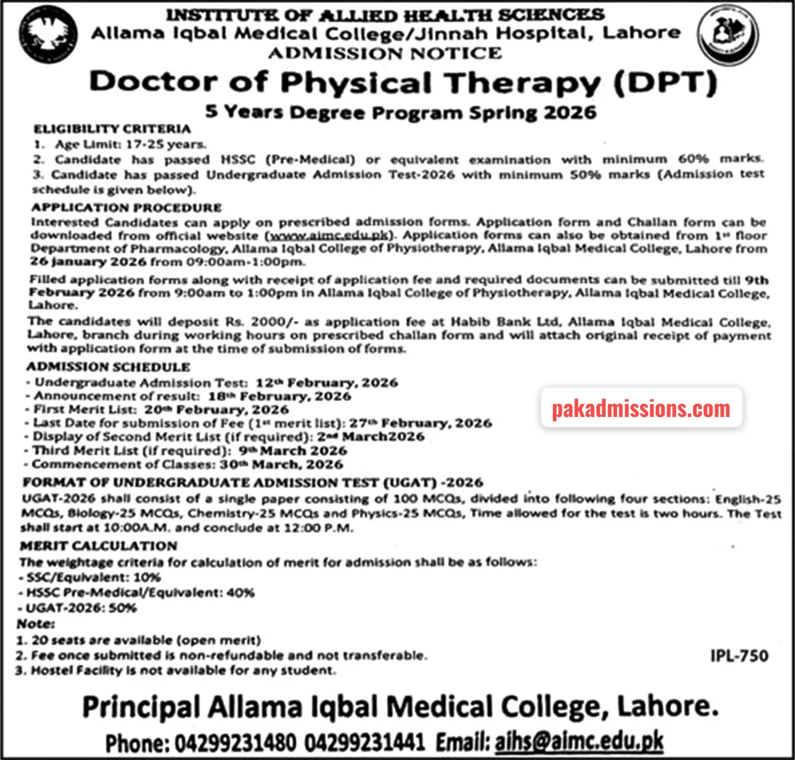 Allama Iqbal Medical College (AIMC-L) Admission 2026 admission advertisement