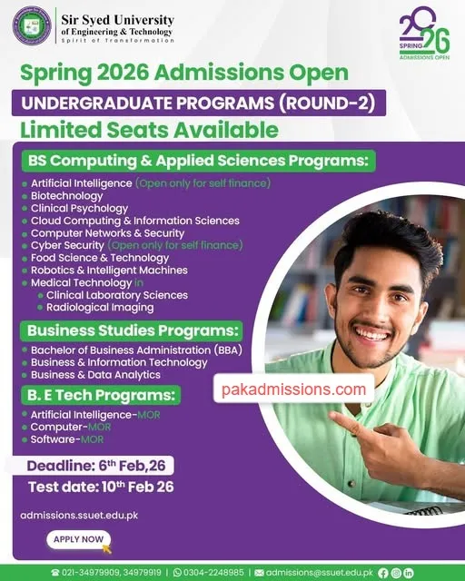 Sir Syed University of Engineering & Technology Karachi (SSUET) R2 Admissions admission advertisement
