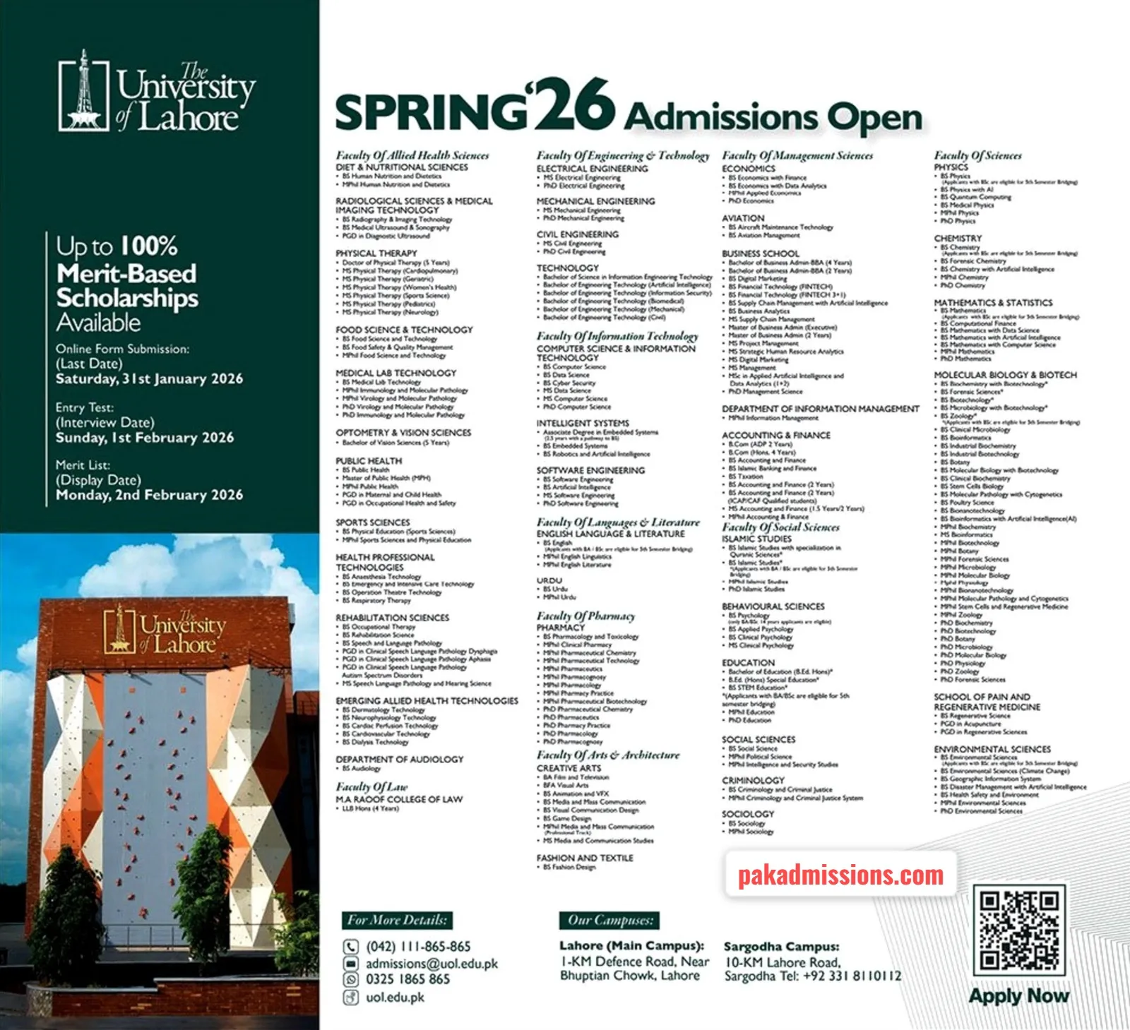 University of Lahore (UOL) 2026 Admission admission advertisement