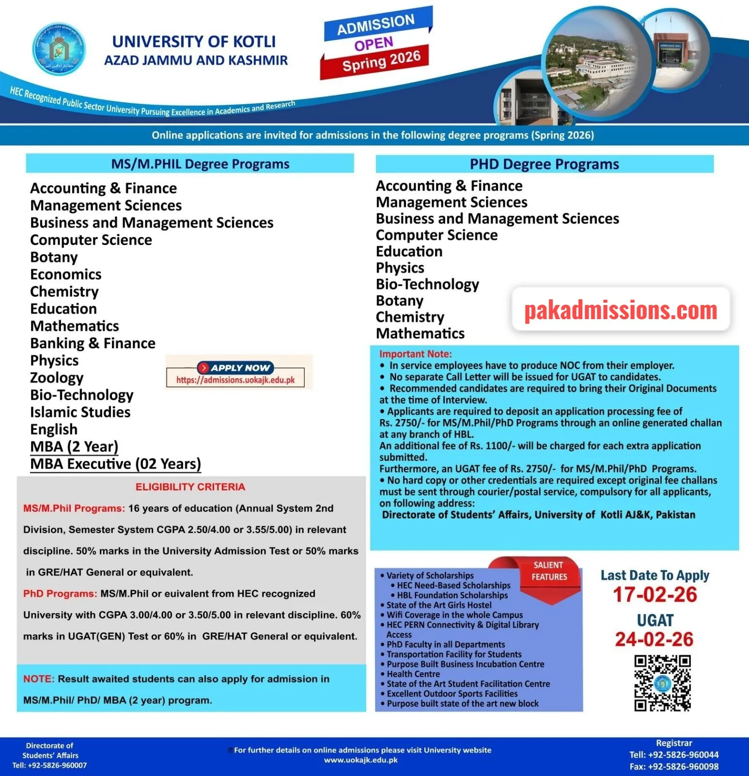 University of Kotli (UoK) Spring Admission admission advertisement